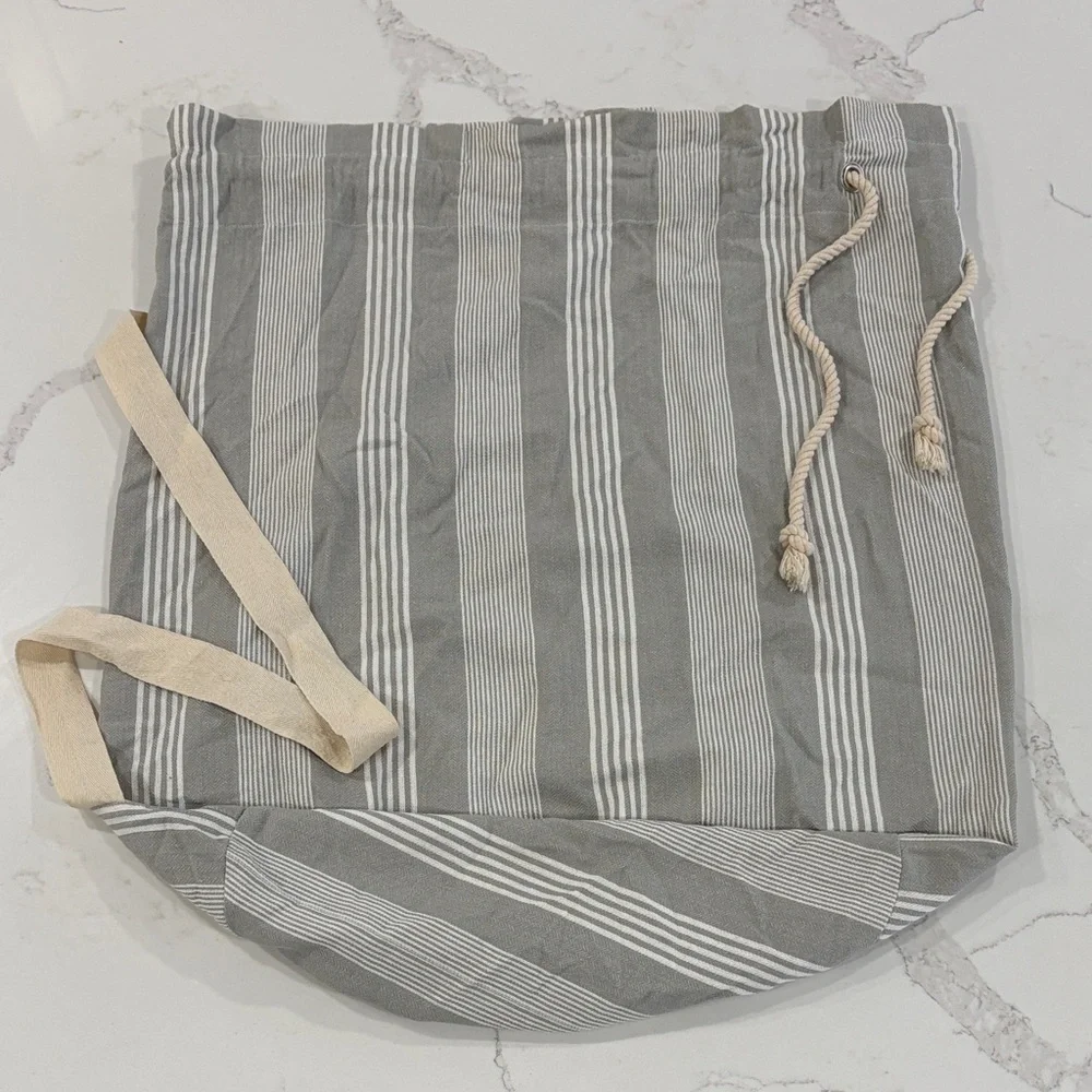 Set of 2 Striped Cotton Canvas Large Laundry Bags - Navy Blue, Grey, White